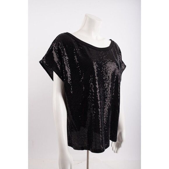 Drew Womens Shirt Top Sequin Sparkle Glam Holiday L Black Boxy fit NWT - Picture 2 of 6